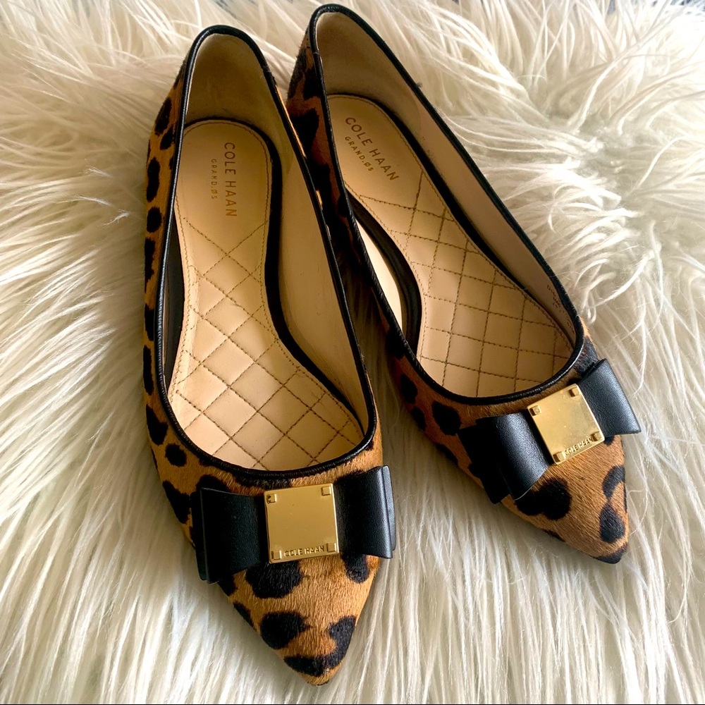 Cole Haan ocelot print calf hair bow flat EUC